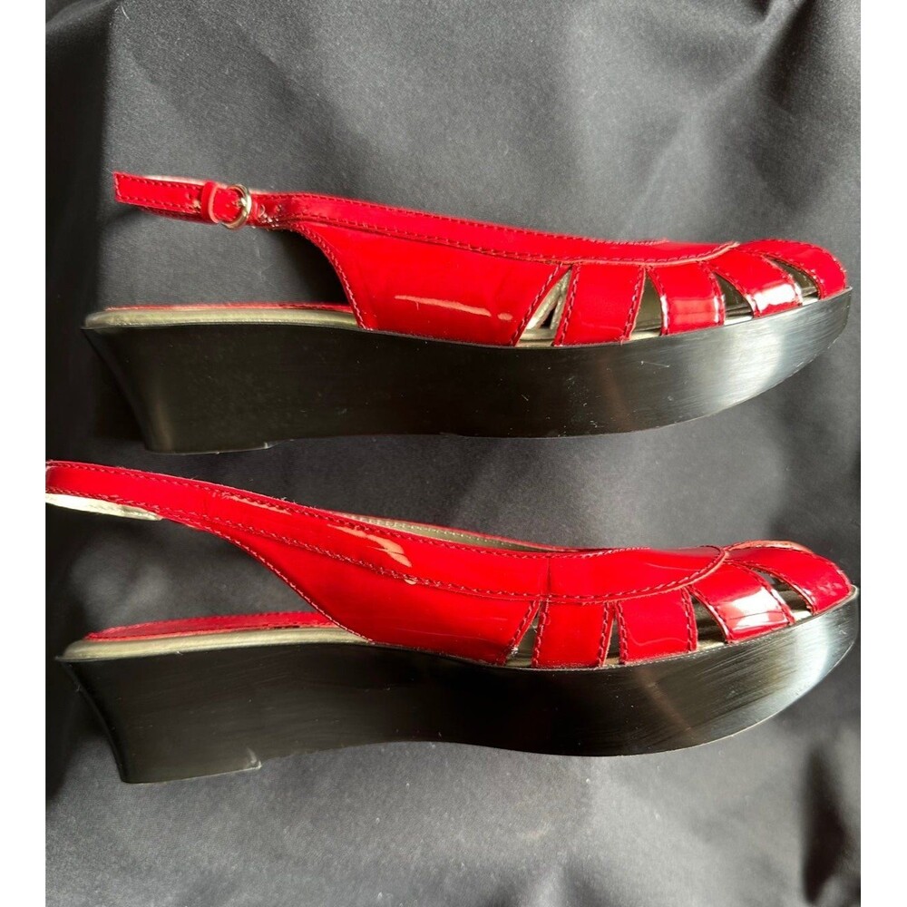 Patent red leather open toe wedges